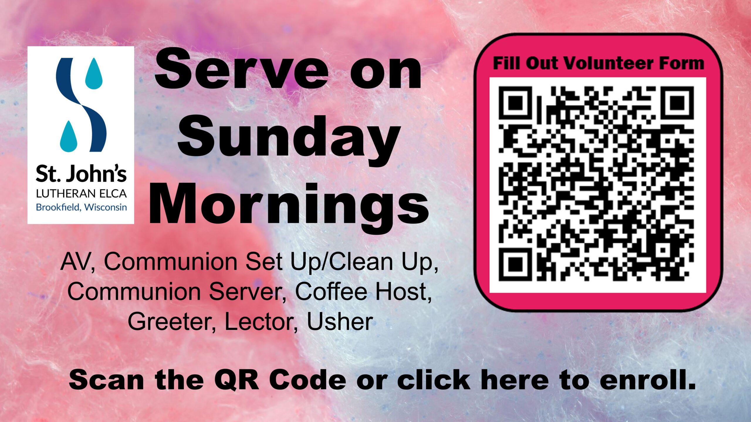 Sign up to serve on Sunday Mornings QR